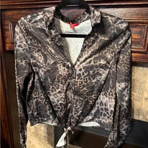 Guess Leopard Print Satin Button Front Tie Hem Shirt Women’s Medium NWOT